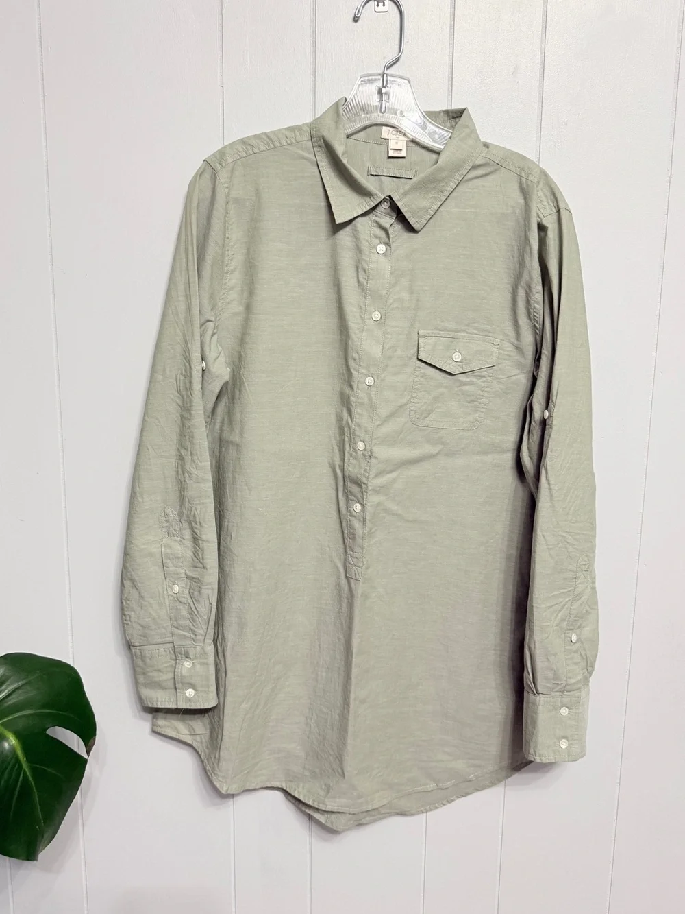#10)  J. Crew Cotton Light Sage Casual Half Button Down Shirt